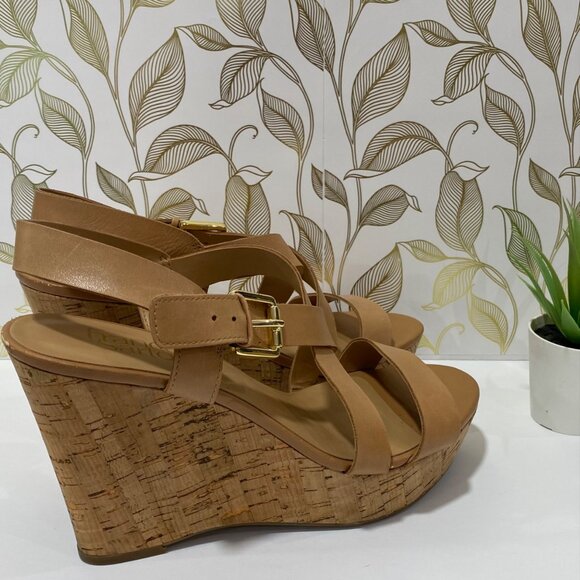 Franco Sarto Wedge Sandals With Straps & Cork Heel - Size 8 - Tan Leather Upper - Picture 3 of 12